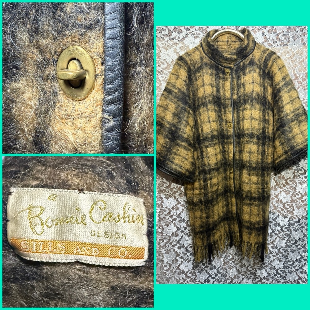 Bonnie Cashin brown and Black Plaid Wool mohair Coat leather trim vintage 50s